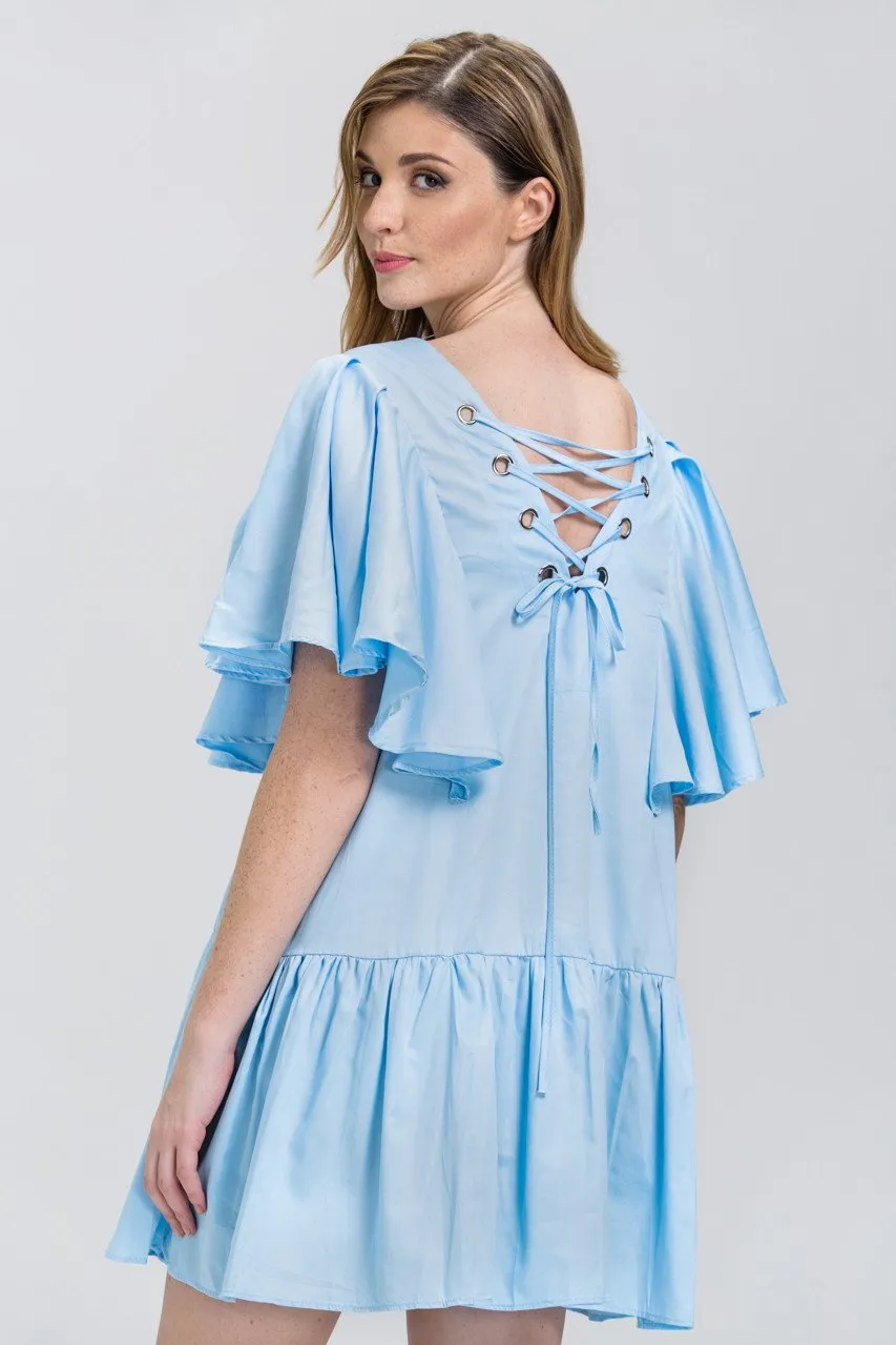 Sky Blue V-Lace Up Ruffled Tunic Mini Dress