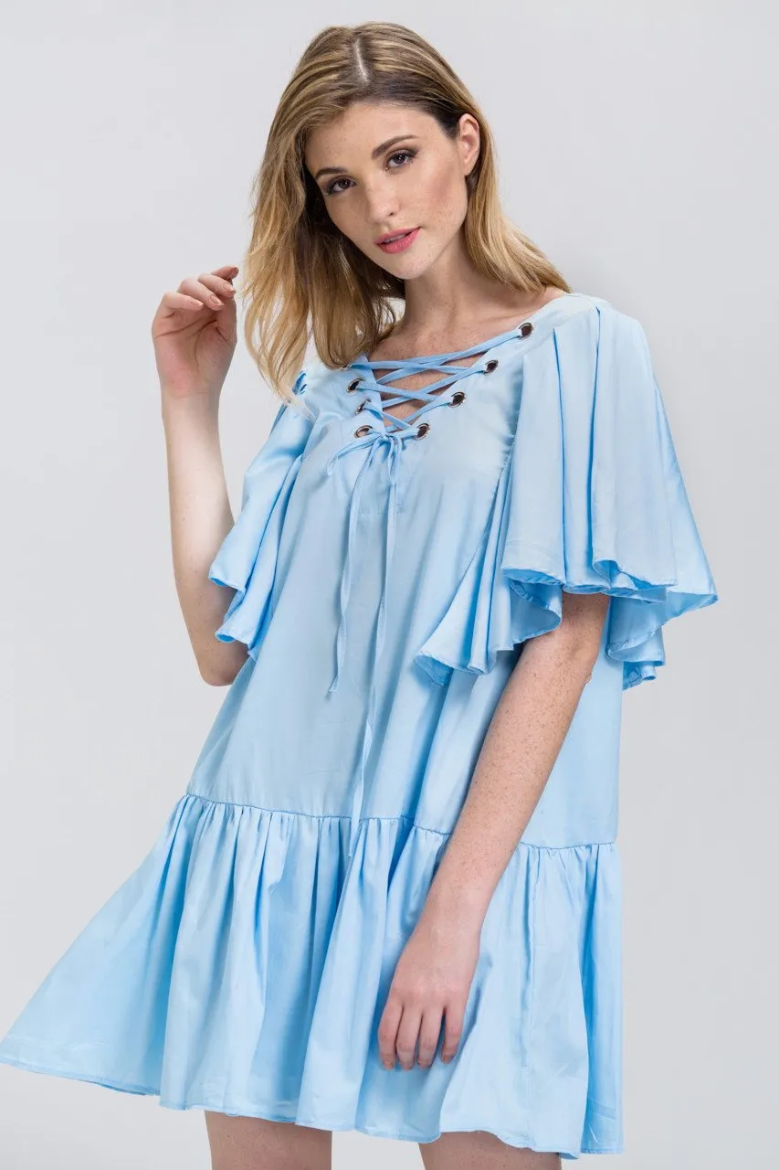 Sky Blue V-Lace Up Ruffled Tunic Mini Dress