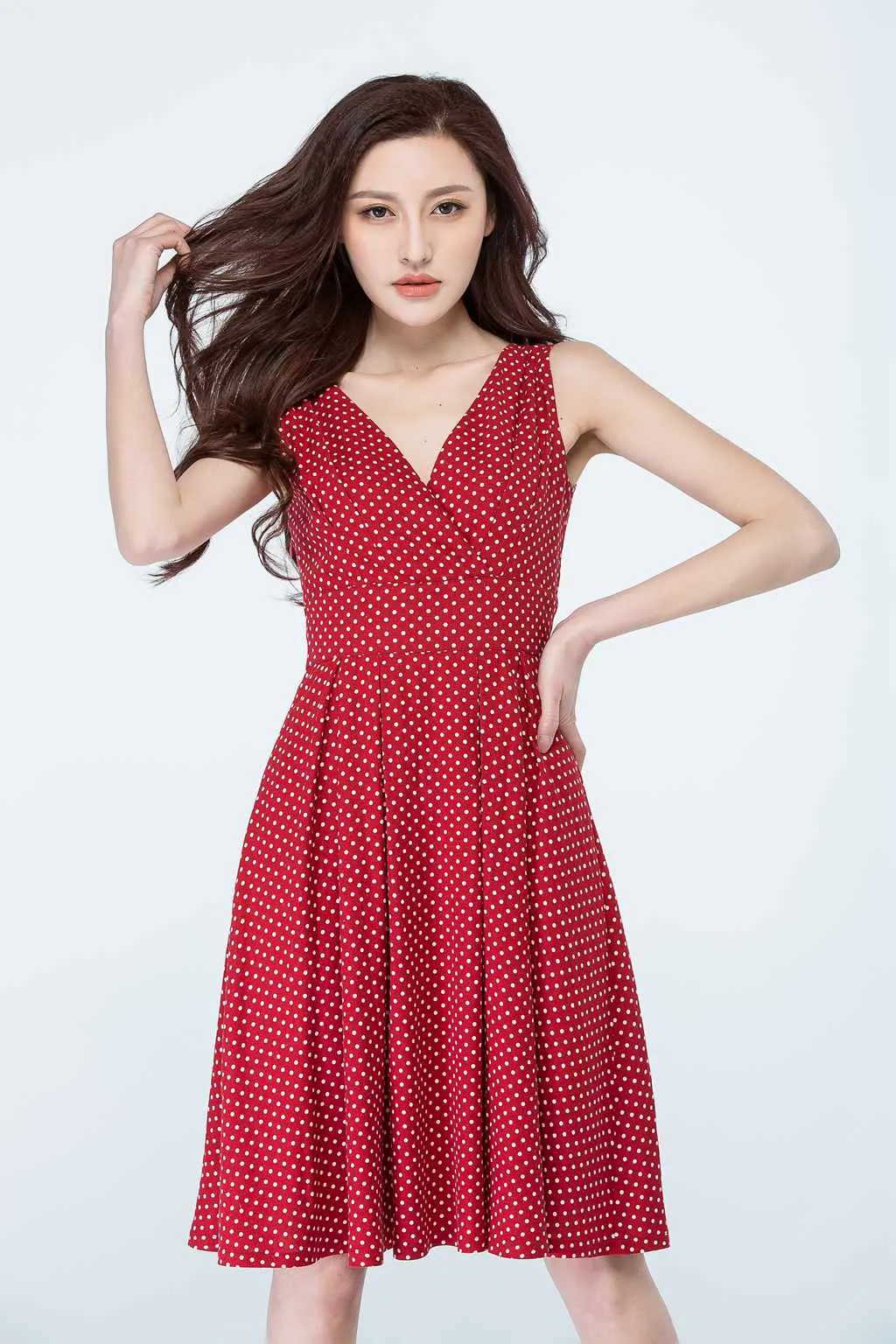 Sleeveless v-neck summer polka dot dress 1706