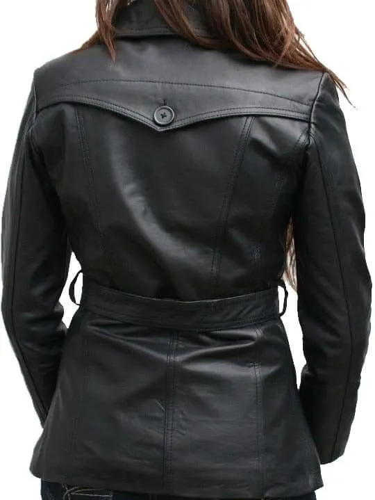 Stylish Women's Black Color Leather Coat/ Jacket, Black Leather Belt Coat For Ladies