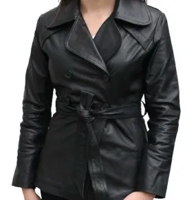 Stylish Women's Black Color Leather Coat/ Jacket, Black Leather Belt Coat For Ladies
