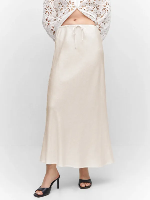 Trendy Satin Midi Skirt with Adjustable Drawstring