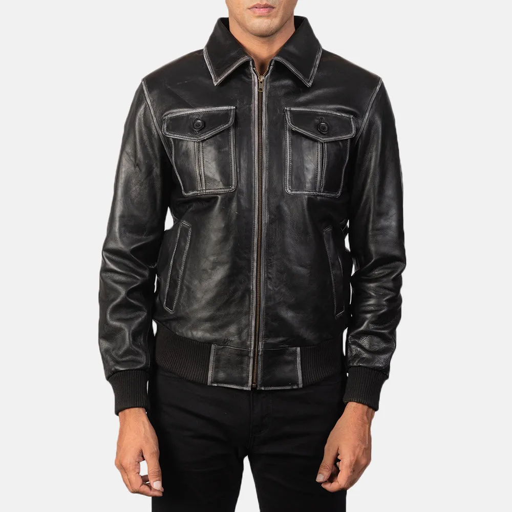 Ulvora Distressed Black Bomber Leather Jacket