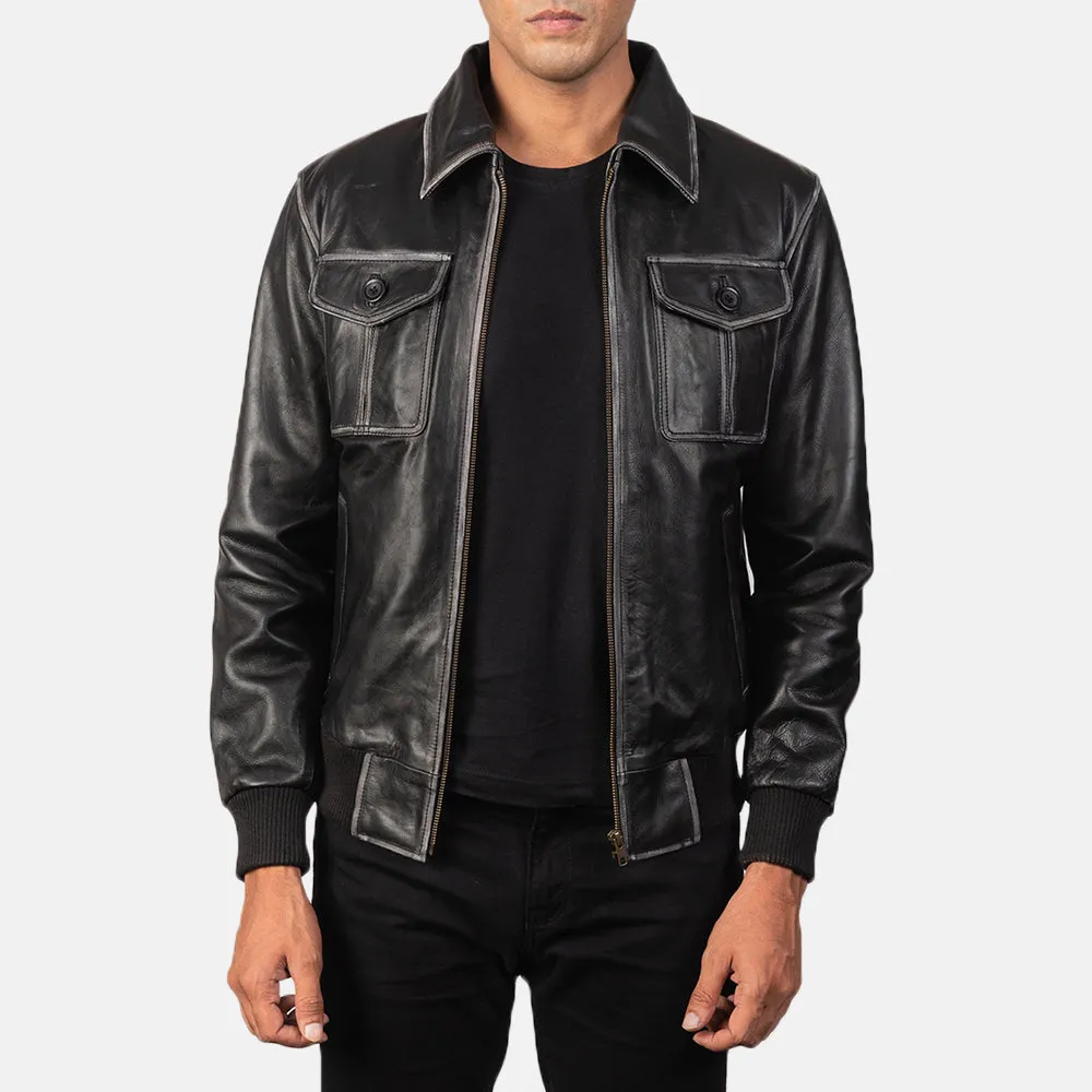 Ulvora Distressed Black Bomber Leather Jacket