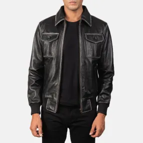 Ulvora Distressed Black Bomber Leather Jacket