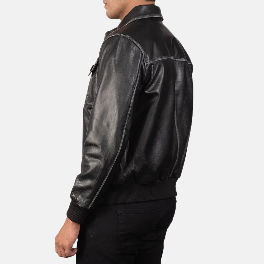 Ulvora Distressed Black Bomber Leather Jacket