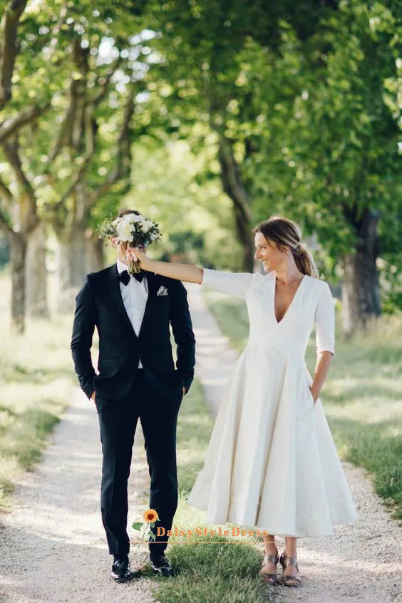 Vintage Tea Length Half Sleeves Wedding Dress
