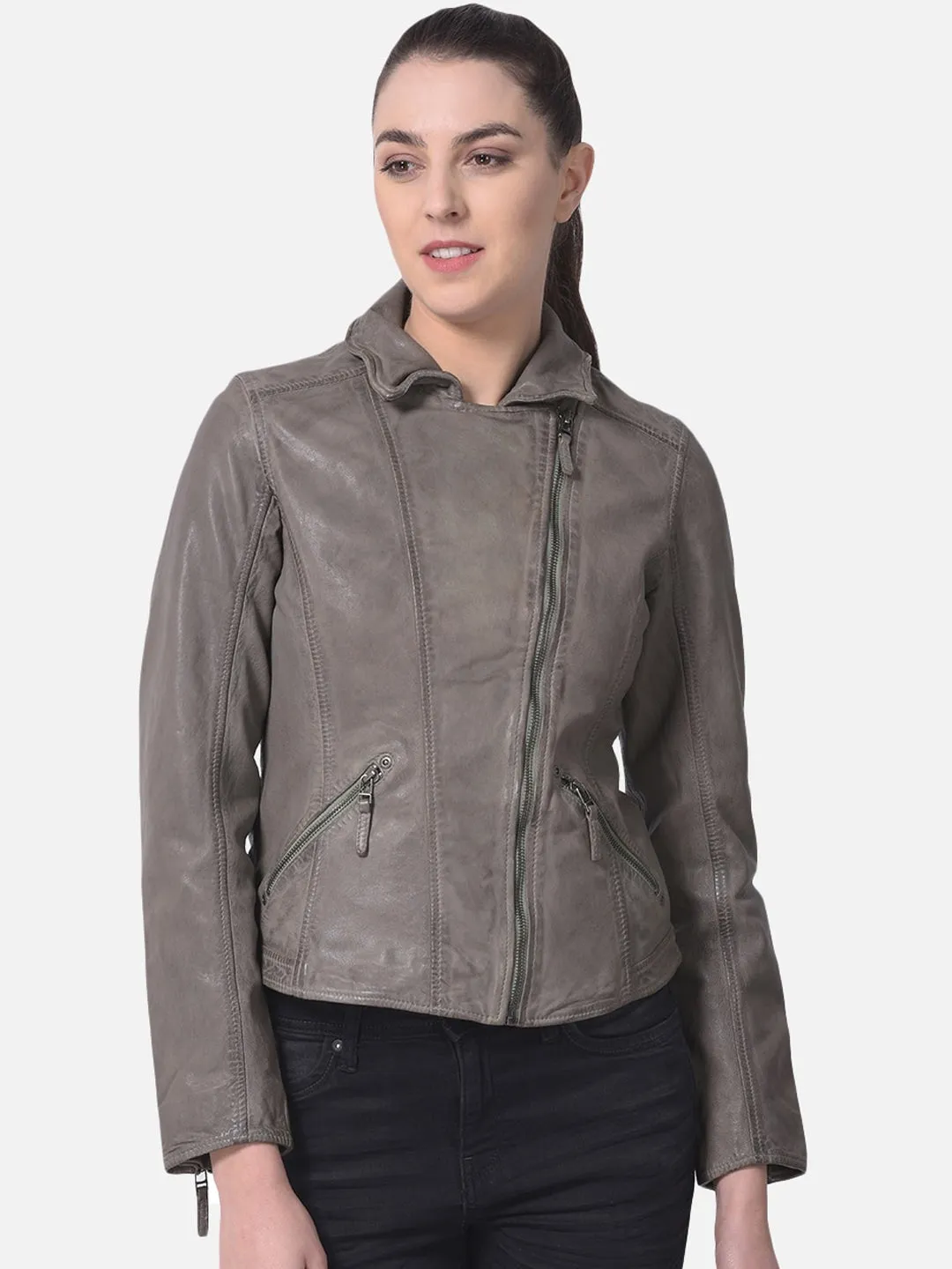 Women Genuine Leather Crop Bomber Jacket | QAWACH