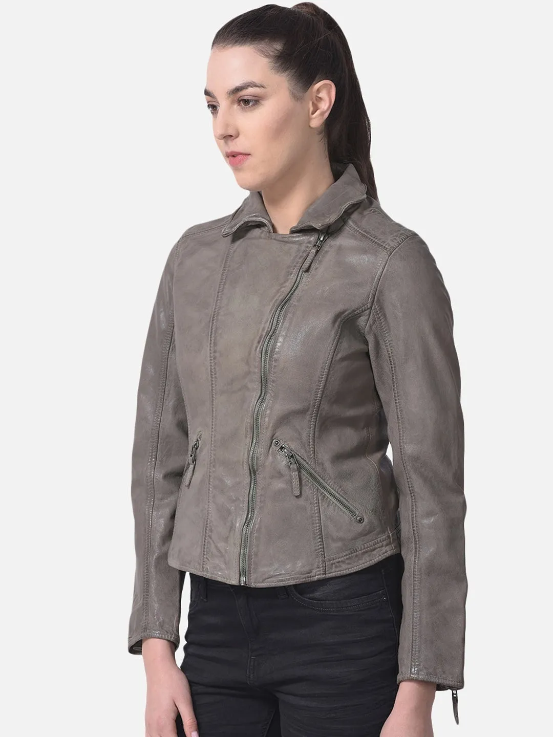 Women Genuine Leather Crop Bomber Jacket | QAWACH