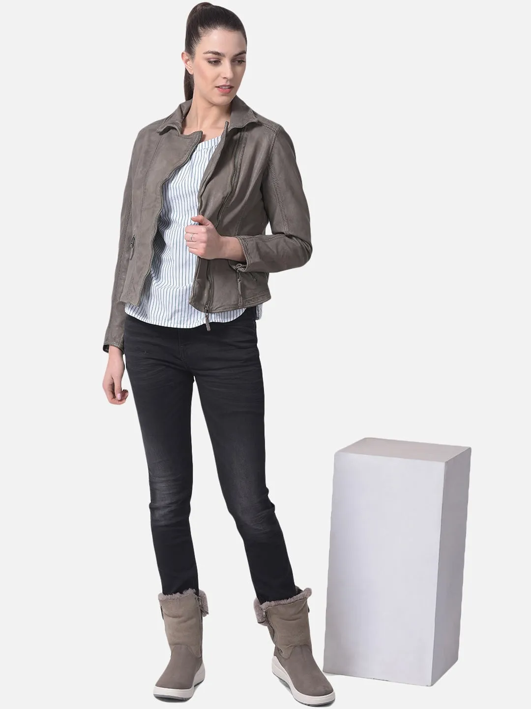 Women Genuine Leather Crop Bomber Jacket | QAWACH